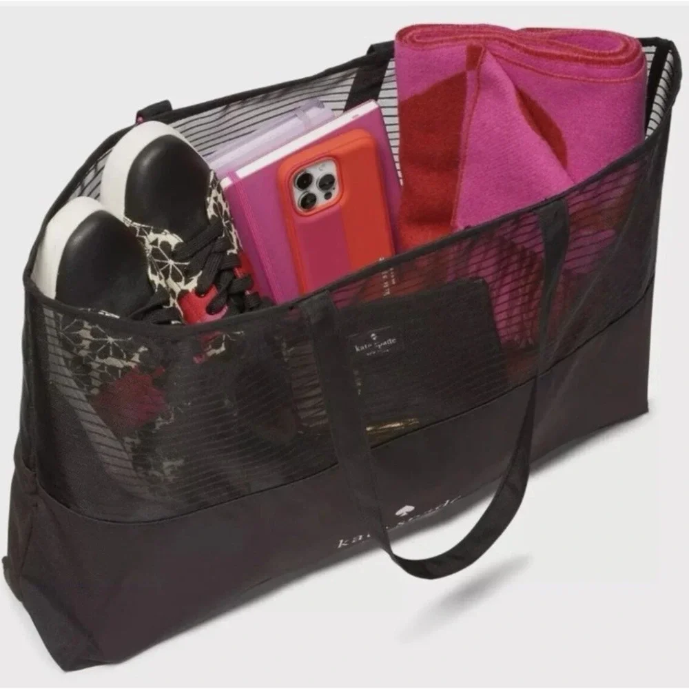 New Kate Spade Black Stripe Mesh Tote 25